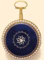 Chevalier & Cie, Geneva, No. 7461 made for John Godwin, 161 Strand, (London), circa 1790. Very fine 18K gold and enamel pearl- and diamond-set quarter-repeating watch. two-body, back in translucent imperial blue enamel over sunburst engine-turning, center with diamond-set rosette, pearl-set bezels. D. White enamel, Arabic numerals, outer minute dot divisions, winding aperture at 2, Blued steel Breguet hands. M. 39 mm (18), frosted gilt full-plate with cylindrical pillars, fusee and chain, verge escapement brass balance with flat balance spring, continental cock pierced and engraved with the letters CHEVALIER, repeating on bell (replaced) by depressing the pendant.Signed on the movement by the retailer, on the cock by the maker.Diam. 50 mm.