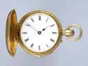   A small ladies late 19th Century minute repeating Swiss lever by LeCoultre in a gold full hunter case.  Keyless gilt bar movement with frosted steel winding work. Plain cock with polished steel regulator, compensation balance with blue steel overcoil hairspring. English table roller lever escapement escape and lever pivots with endstones.  Slide minute repeating on two polished steel gongs. White enamel dial with Roman and Arabic numerals, blue steel hands. Small plain 18 carat full hunter case, gold repeating slide in the band.  Gold cuvette engraved Examined by Godwin & Son, 304 High Holborn, London.    